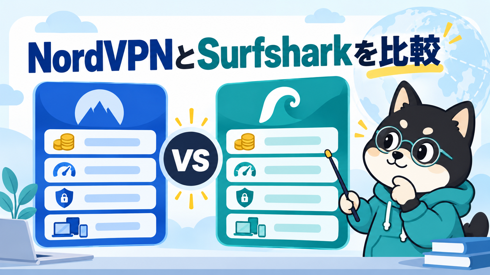 NordVPNとSurfsharkの料金・機能・同時接続を比較するイラスト